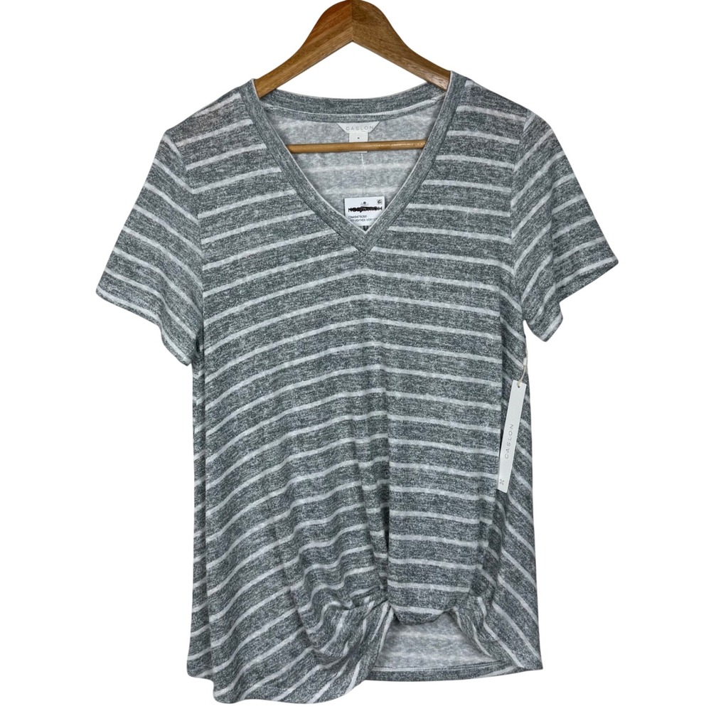 NWT Nordstrom Caslon Twist Front Hem Striped V-Neck Shirt Womens M Grey Ivory